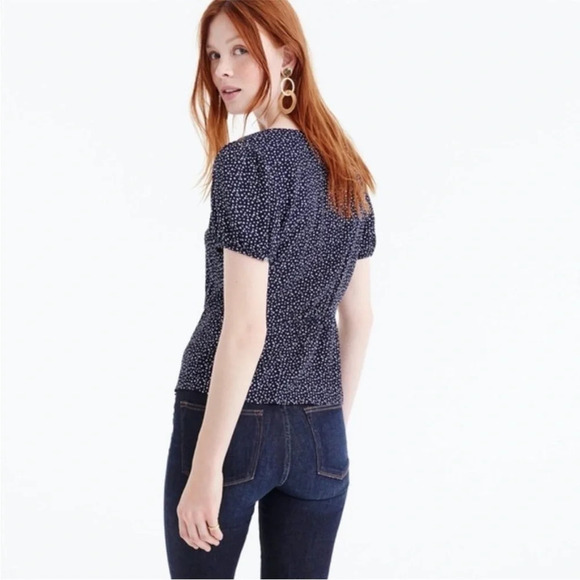 J. Crew Navy Blue White Star Print Peplum Button Front Top Size 00 - Picture 7 of 11